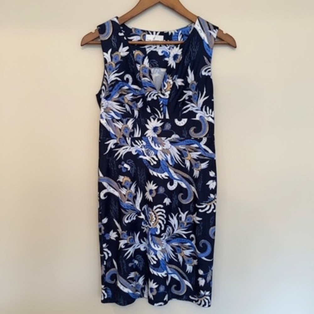Jude Connally Sleeveless V-Neck Empire Waist‎ Sheath Dress Navy Blue Paisley XS